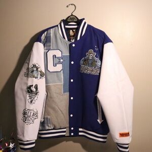 Men's Varsity Jacket in Blue, Gray, and White